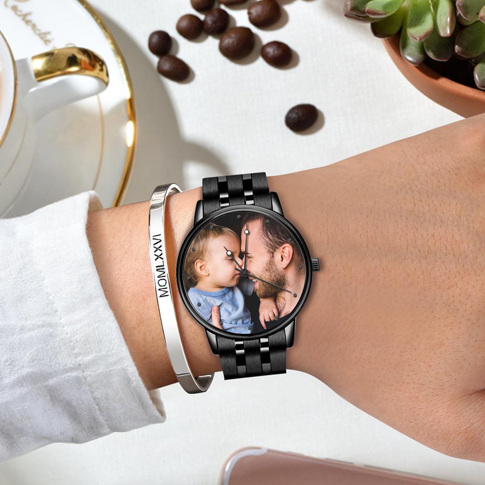 Bracelet Personnalisé Cadeaux Pour La Fête Des Pères Montre Photo Gravable Pour Homme Bracelet D'alliage Noir 38mm