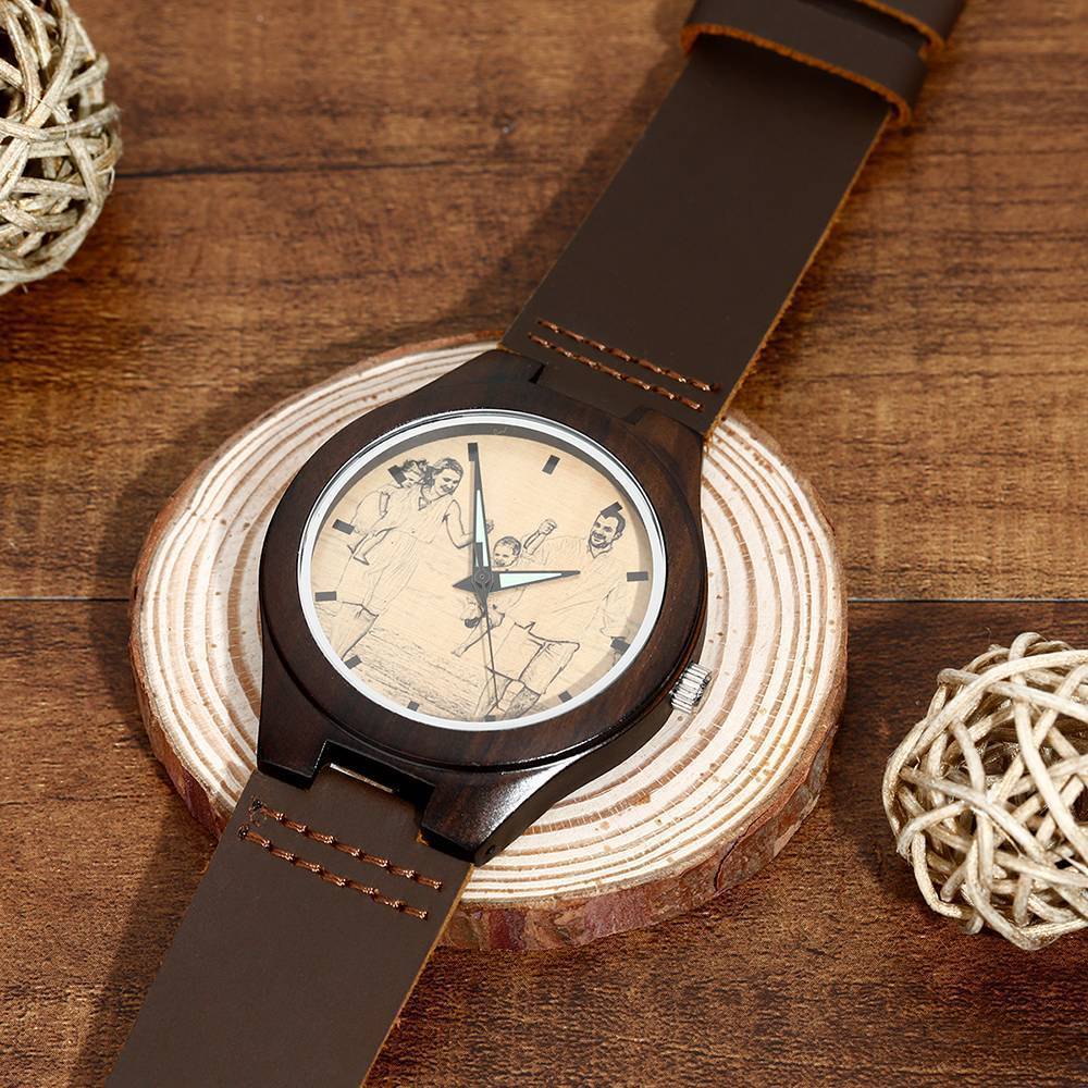 Montre Photo En Bois Gravé Pour Homme En Cuir Marron 45mm