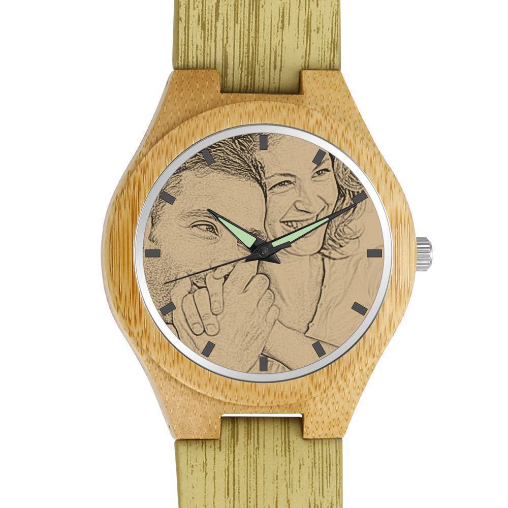 Montre En Bambou Gravé Pour Homme Avec Bracelet En Cuir Et Couleur De Bois 45mm