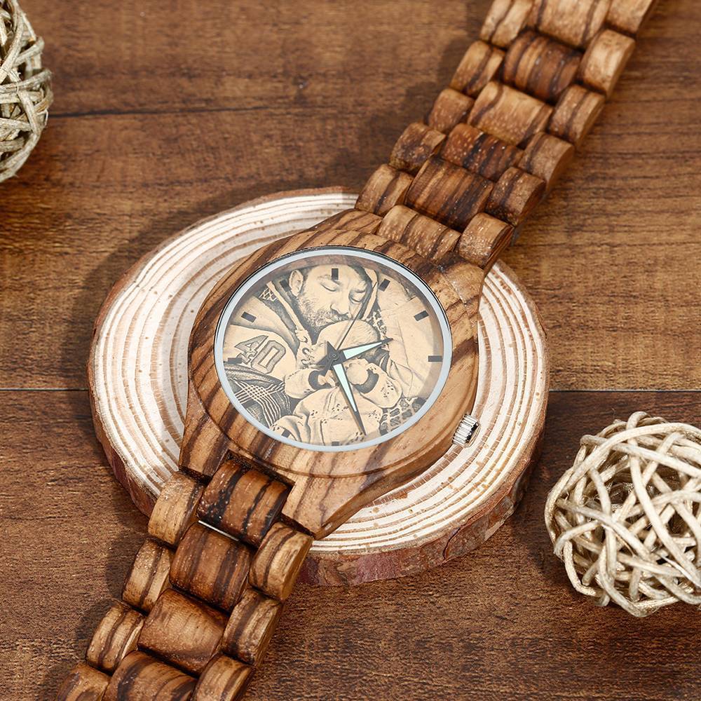 Montre Photo En Bois Gravé Pour Homme Avec Bracelet En Bois 45mm