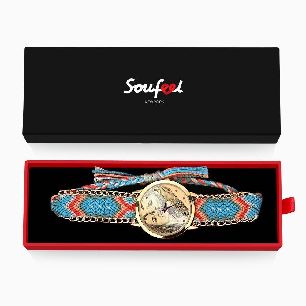 Femme Montre Doré En Photo Gravée Avec Bracelet De Corde Tressé De Couleur 40mm