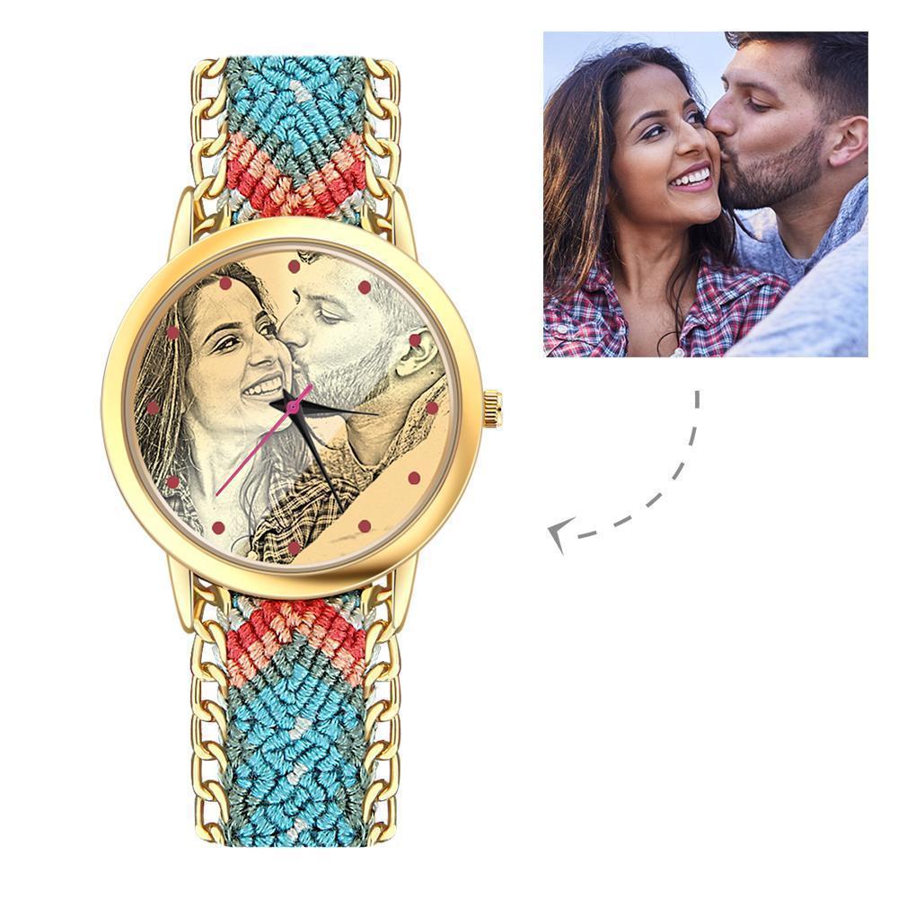 Femme Montre Doré En Photo Gravée Avec Bracelet De Corde Tressé De Couleur 40mm