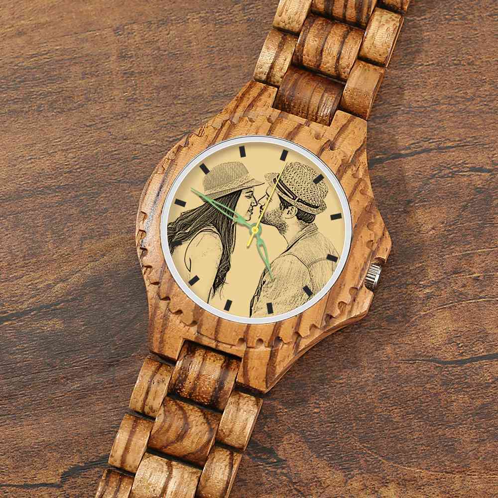 Montre Photo En Bois Gravé Pour Homme Avec Bracelet En Bois 45mm