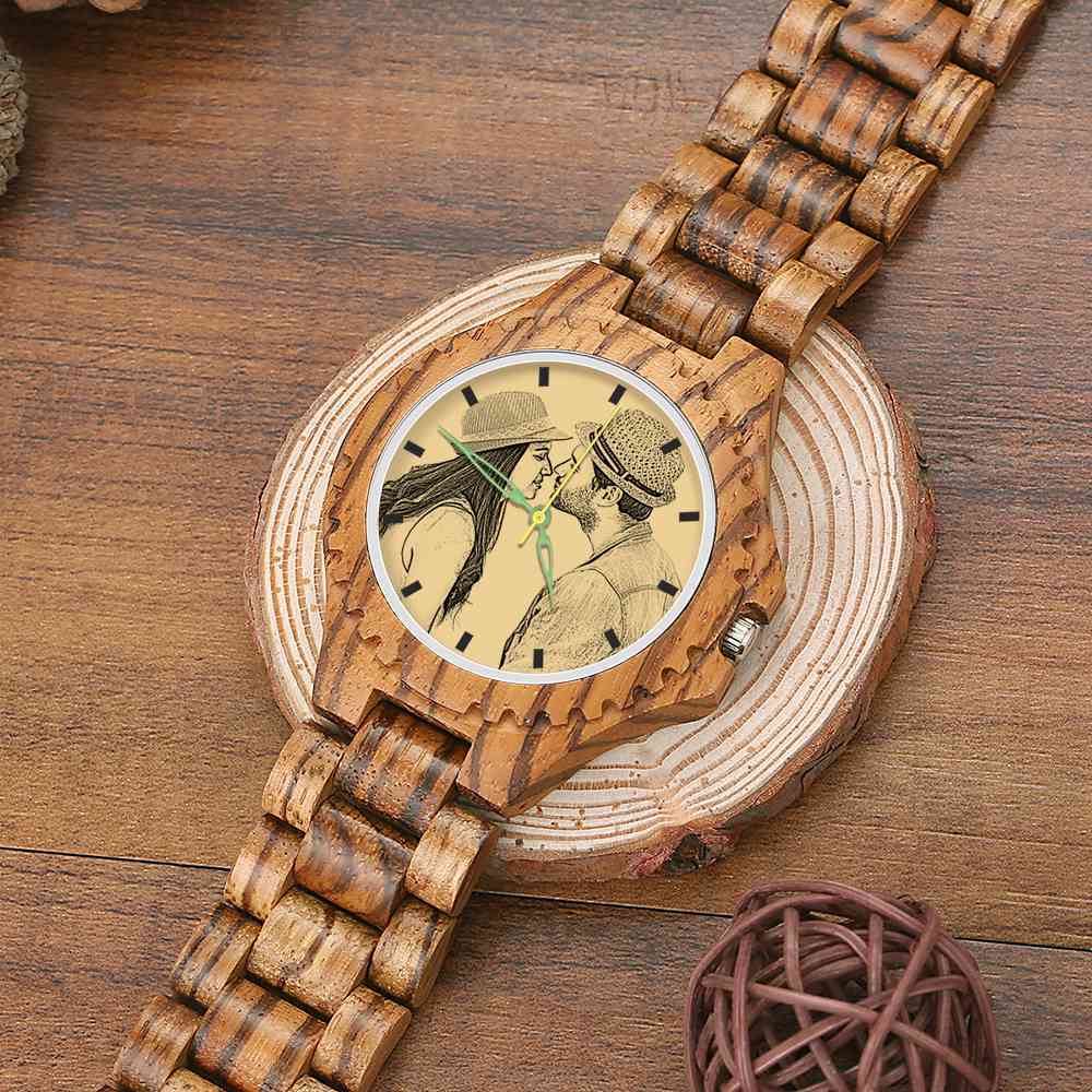 Montre Photo En Bois Gravé Pour Homme Avec Bracelet En Bois 45mm