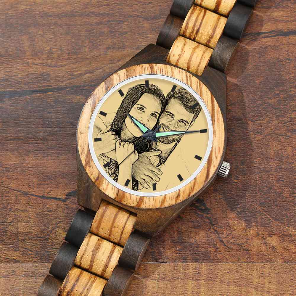 Montre Photo En Bois Gravé Pour Homme Avec Bracelet En Bois 45mm