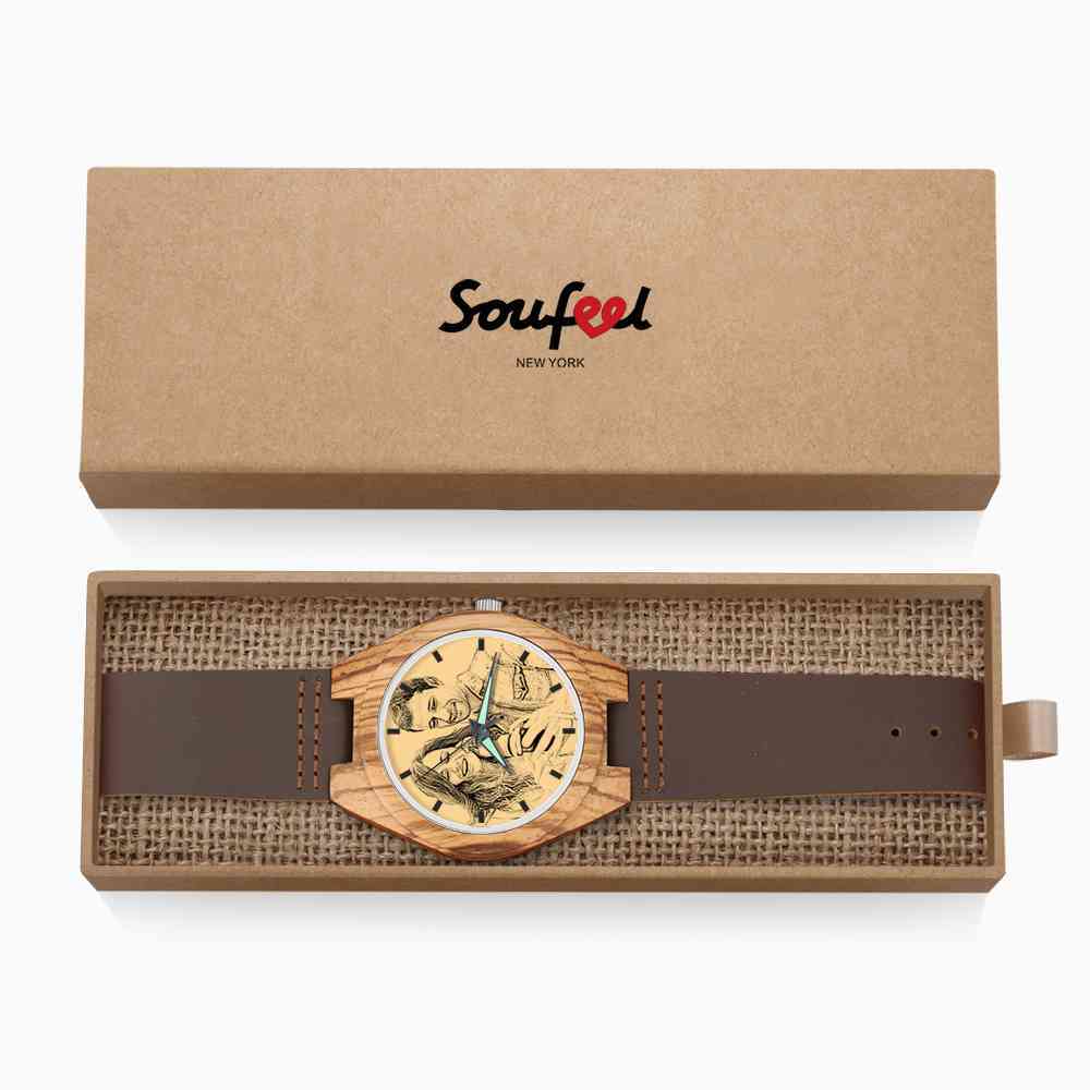 Montre Photo En Bois Gravé Pour Homme En Cuir Marron 45mm