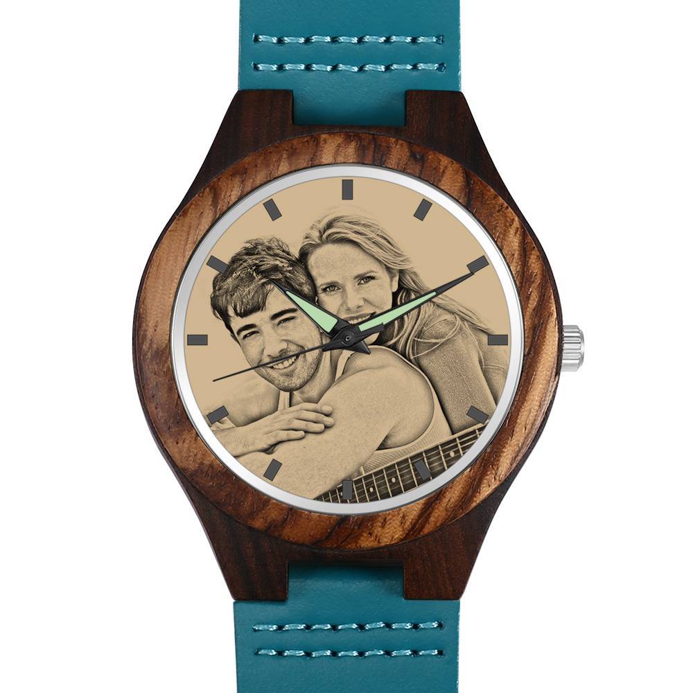Homme Montre En Photo En Bois Gravé  - Bracelet En Cuir Bleu - Bambou
