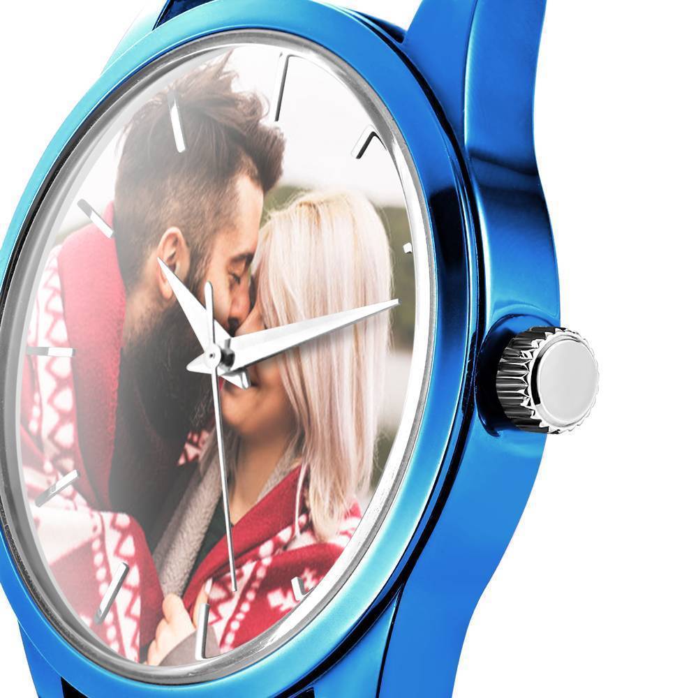 Montre Personnalisée Gravée,Montre Photo Avec Bracelet En Cuir Bleu Pour Homme - Cadeau Pour Petit Ami