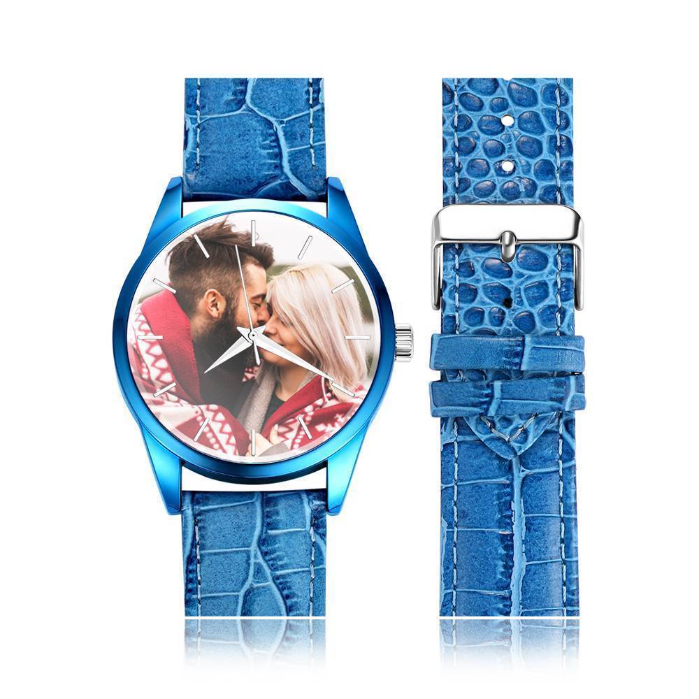 Montre Personnalisée Gravée,Montre Photo Avec Bracelet En Cuir Bleu Pour Homme - Cadeau Pour Petit Ami