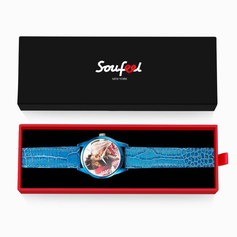 Montre Personnalisée Gravée,Montre Photo Avec Bracelet En Cuir Bleu Pour Homme - Cadeau Pour Petit Ami