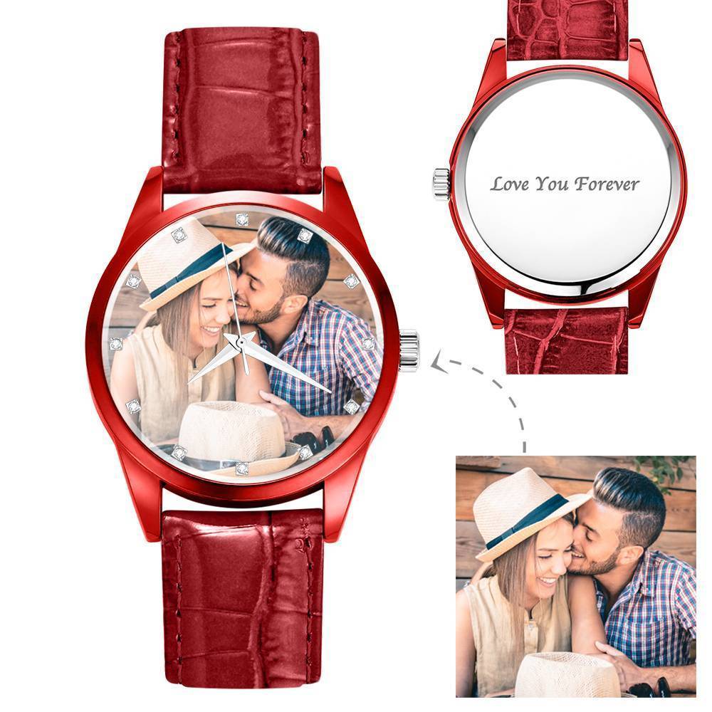 Montre Personnalisée Gravée,Montre Photo Avec Bracelet En Cuir Rouge Pour Homme - Cadeau Pour Petit Ami