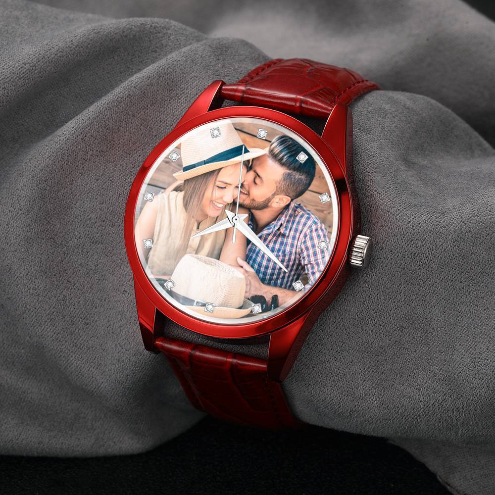 Montre Personnalisée Gravée,Montre Photo Avec Bracelet En Cuir Rouge Pour Homme - Cadeau Pour Petit Ami