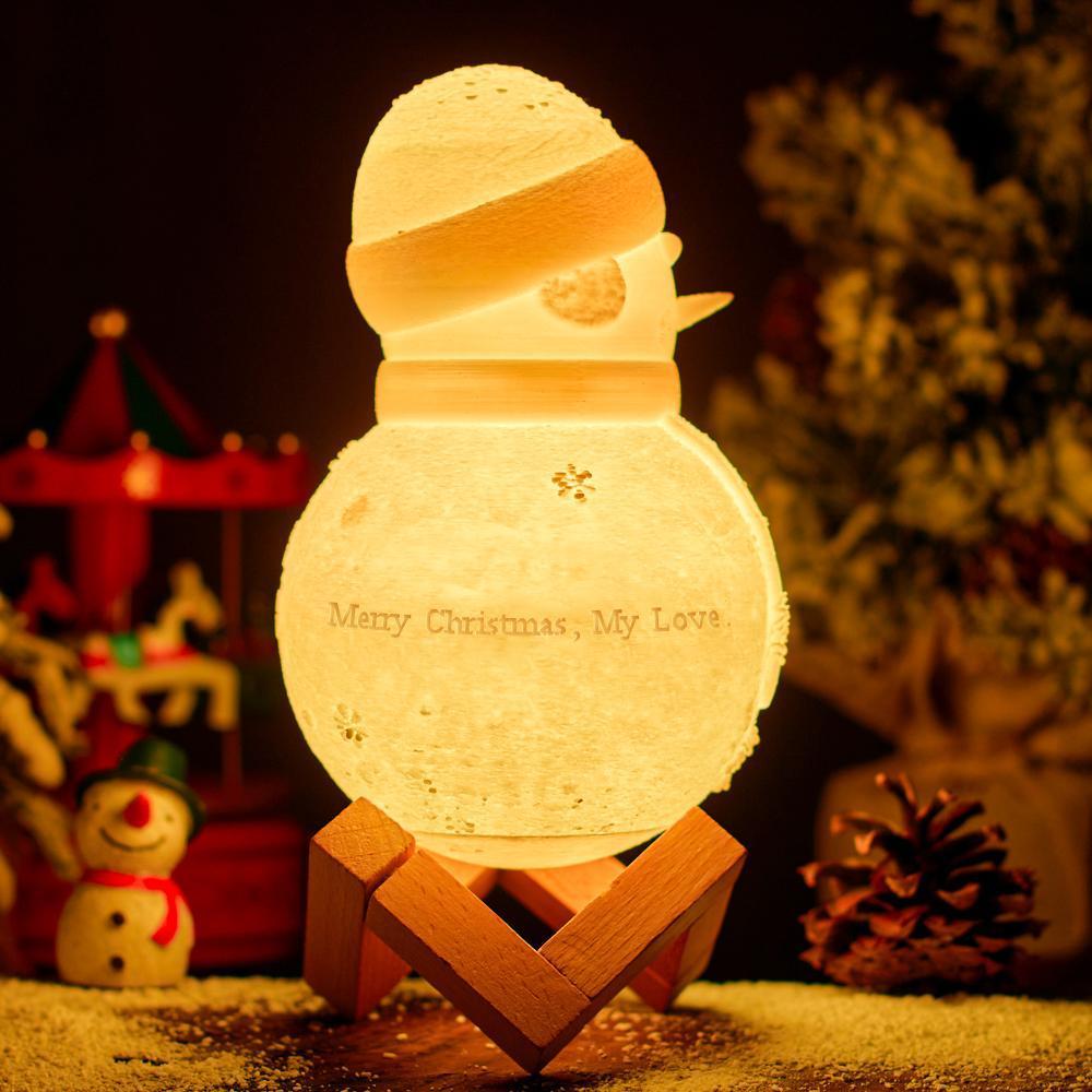 Custom Photo Engraved Night Light Snowman Lamp Christmas Gift - Tap Three Colors (Wooden Holder Included)