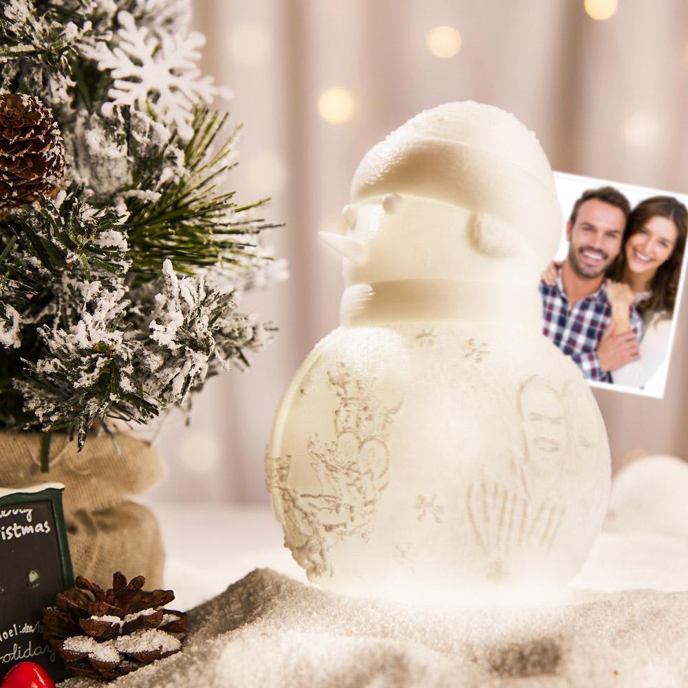 Custom Photo Engraved Night Light Snowman Lamp Christmas Gift - Tap Three Colors (Wooden Holder Included)