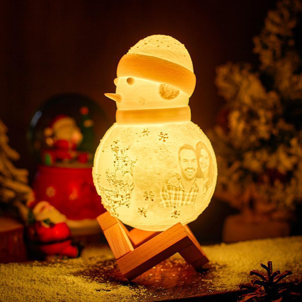 Custom Photo Engraved Night Light Snowman Lamp Christmas Gift - Tap Three Colors (Wooden Holder Included)