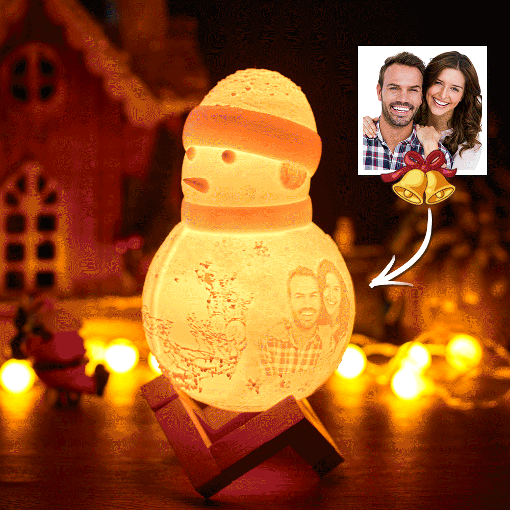 Custom Photo Engraved Night Light Snowman Lamp Christmas Gift - Tap Three Colors (Wooden Holder Included)