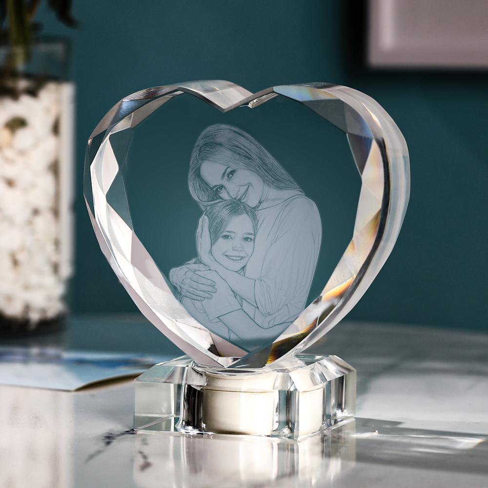Cadre Photo En Cristal De Coeur Avec Base Led Lumineuse Cadeau Laser Exclusif En Forme De Coeur En Cristal Pour Maman - soufeelfr
