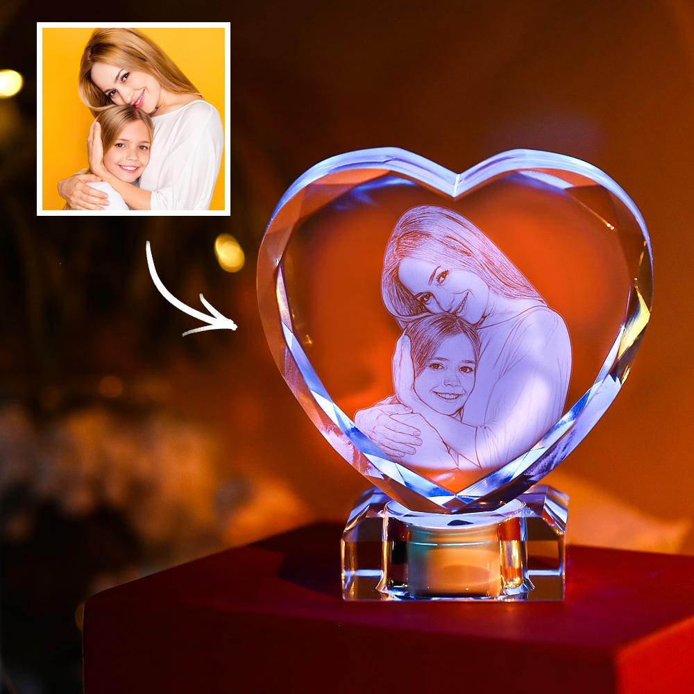 Cadre Photo En Cristal De Coeur Avec Base Led Lumineuse Cadeau Laser Exclusif En Forme De Coeur En Cristal Pour Maman - soufeelfr