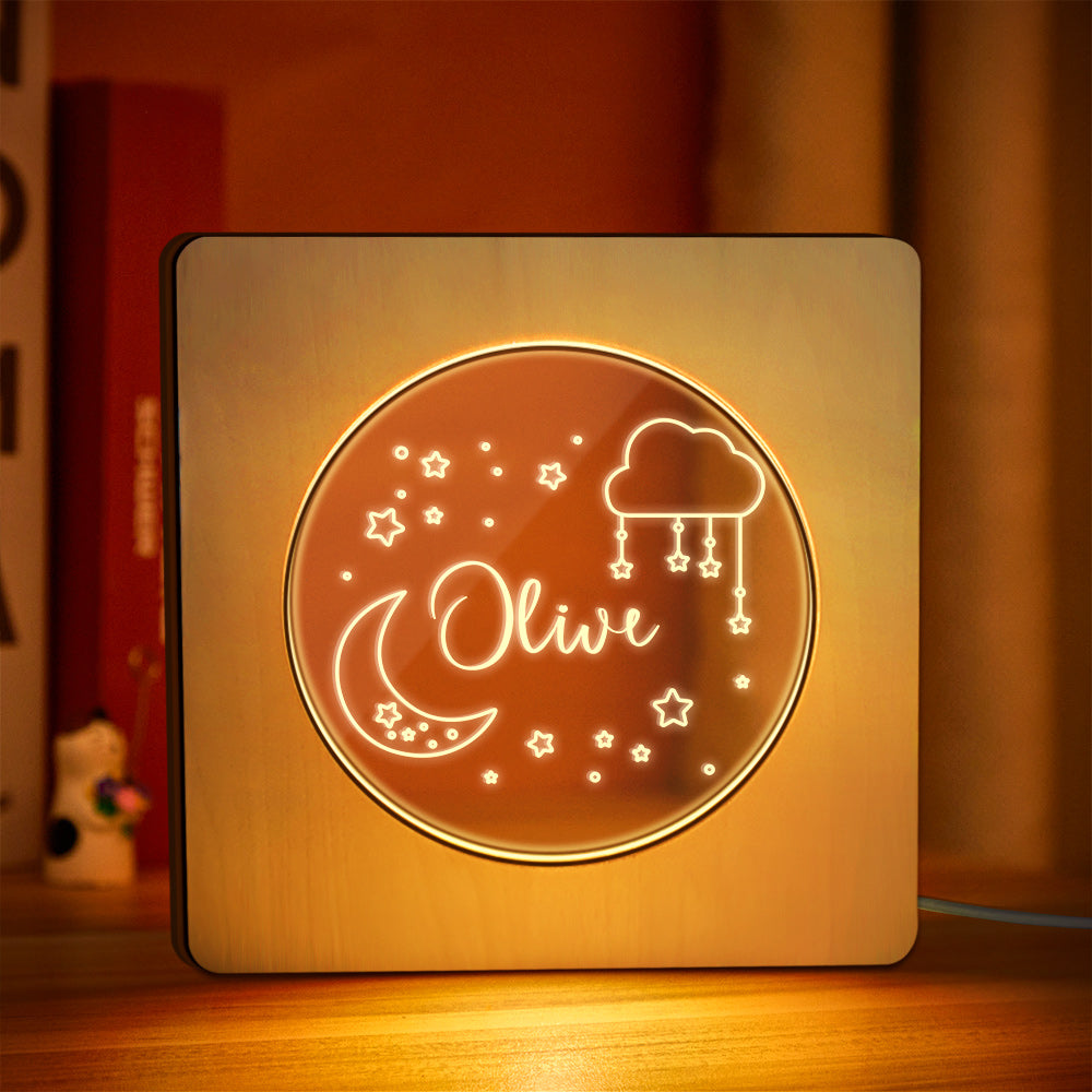 Nom Gravé Personnalisé Veilleuse Personnalisée Étoile Lune Cadre En Bois Lampe Cadeau - soufeelfr