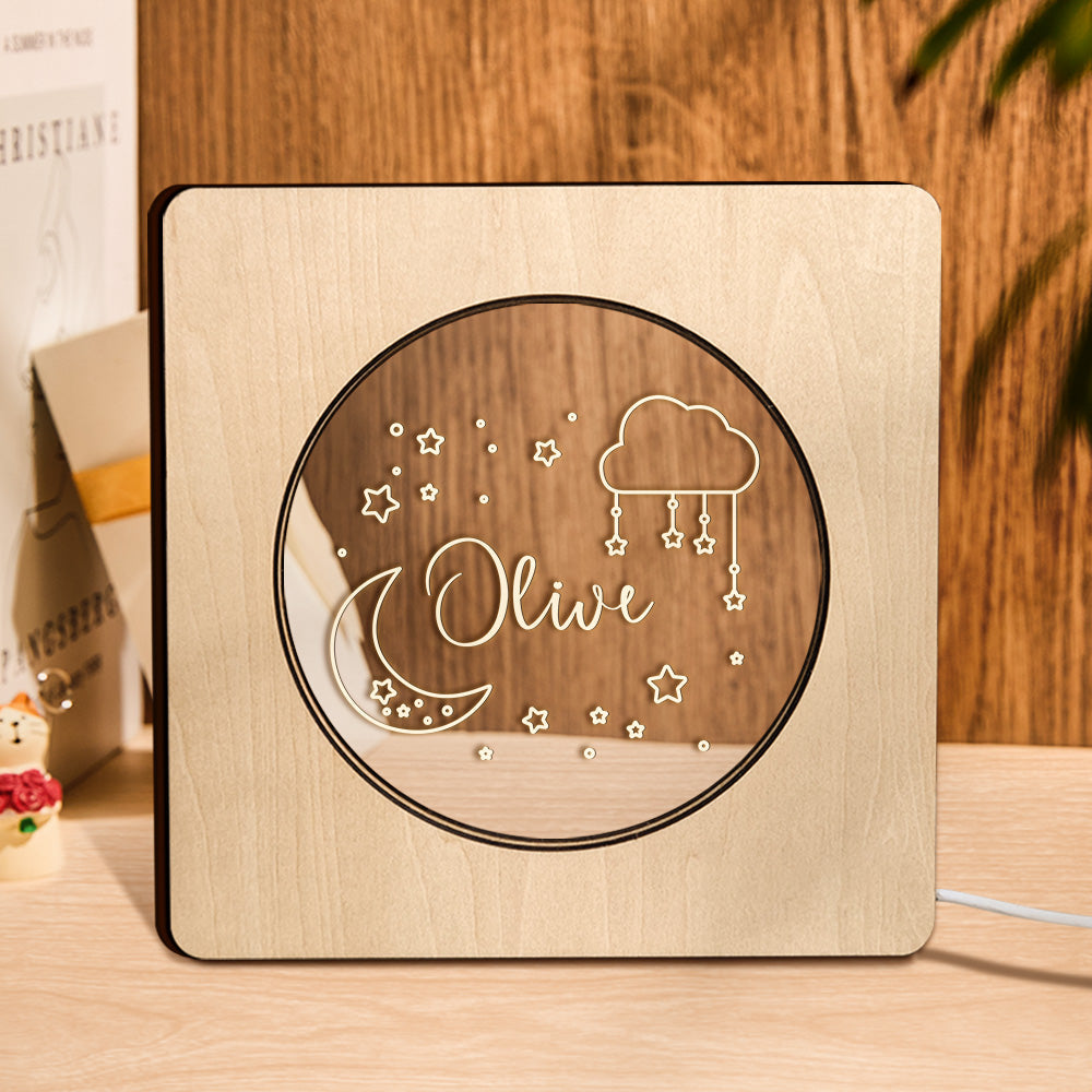 Nom Gravé Personnalisé Veilleuse Personnalisée Étoile Lune Cadre En Bois Lampe Cadeau - soufeelfr