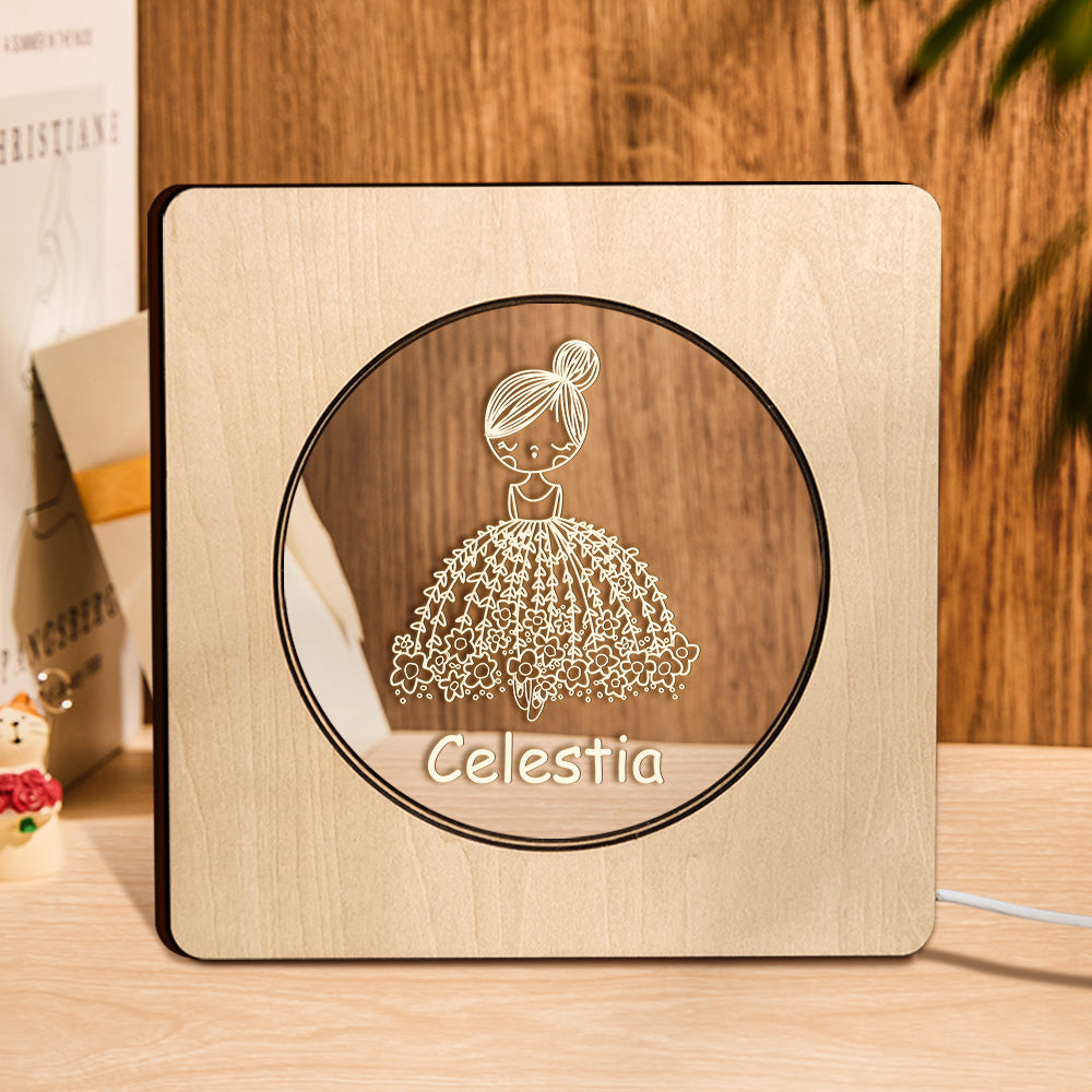 Nom Gravé Personnalisé Veilleuse Fleur Personnalisée Jupe Fille Cadre En Bois Lampe Cadeau Pour Fille - soufeelfr