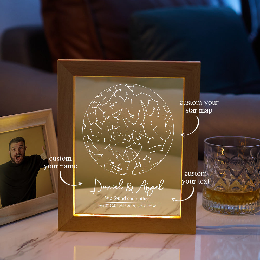 Veilleuse De Carte D'étoile Personnalisée Cadeau De Lumière De Cadre En Bois De Carte De Constellation Personnalisée - soufeelfr