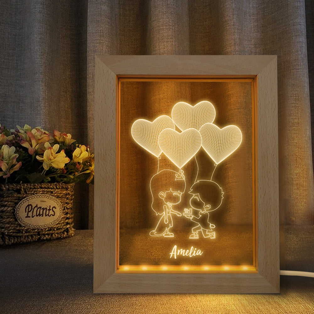 Veilleuse 3d Personnalisée Coeur Personnalisé Cadre En Bois Lumière Cadeau - soufeelfr
