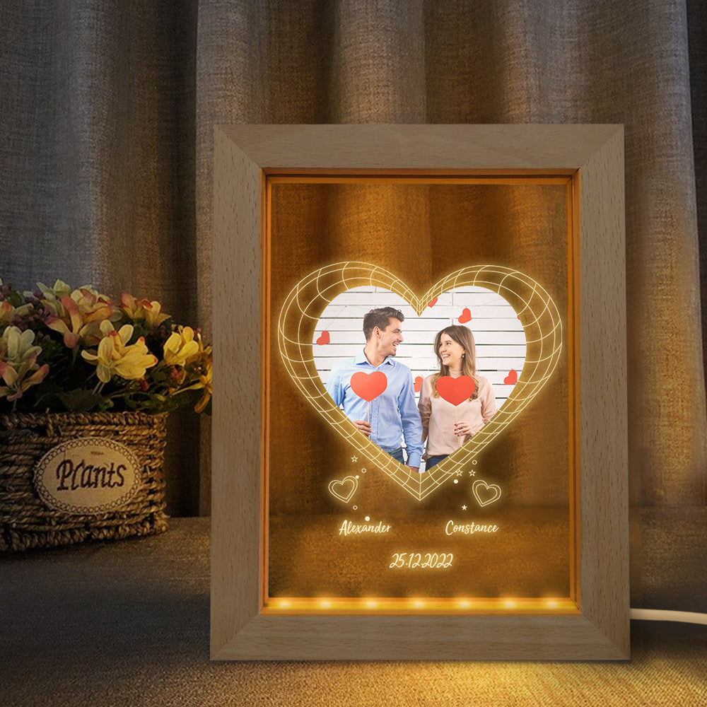 Veilleuse Photo Personnalisée Personnalisée 3d Coeur Cadre En Bois Lampe Cadeau - soufeelfr