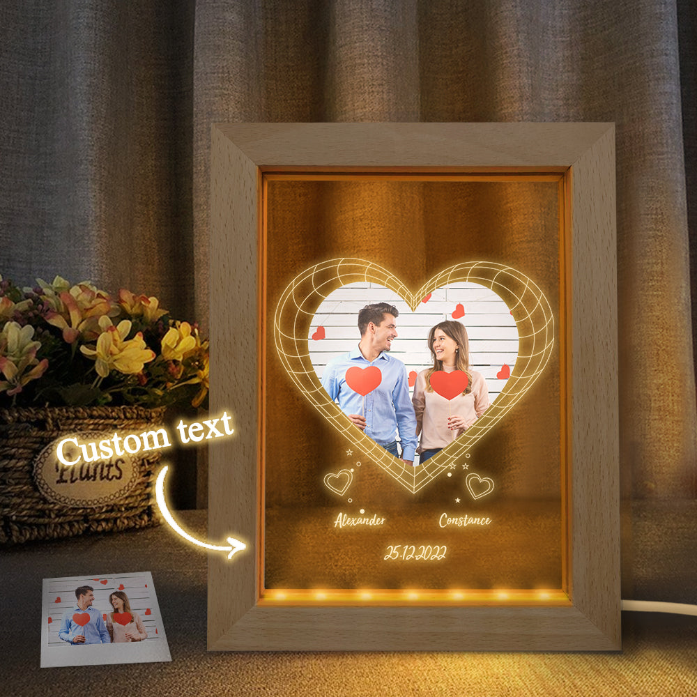 Veilleuse Photo Personnalisée Personnalisée 3d Coeur Cadre En Bois Lampe Cadeau - soufeelfr
