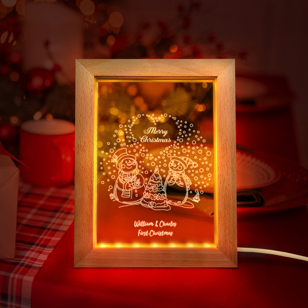 Veilleuse De Noël Personnalisée 3d Couple Bonhommes De Neige Cadre En Bois Lampe Cadeau - soufeelfr