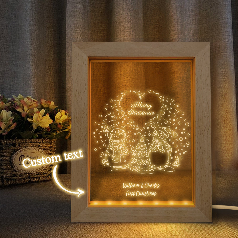 Veilleuse De Noël Personnalisée 3d Couple Bonhommes De Neige Cadre En Bois Lampe Cadeau - soufeelfr