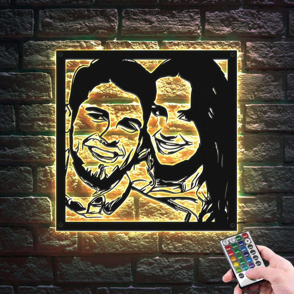 Portrait Personnalisé Métal Mur Art Personnalisé Couple Photo Led Lumières Décor Cadeau Pour Amoureux - soufeelfr
