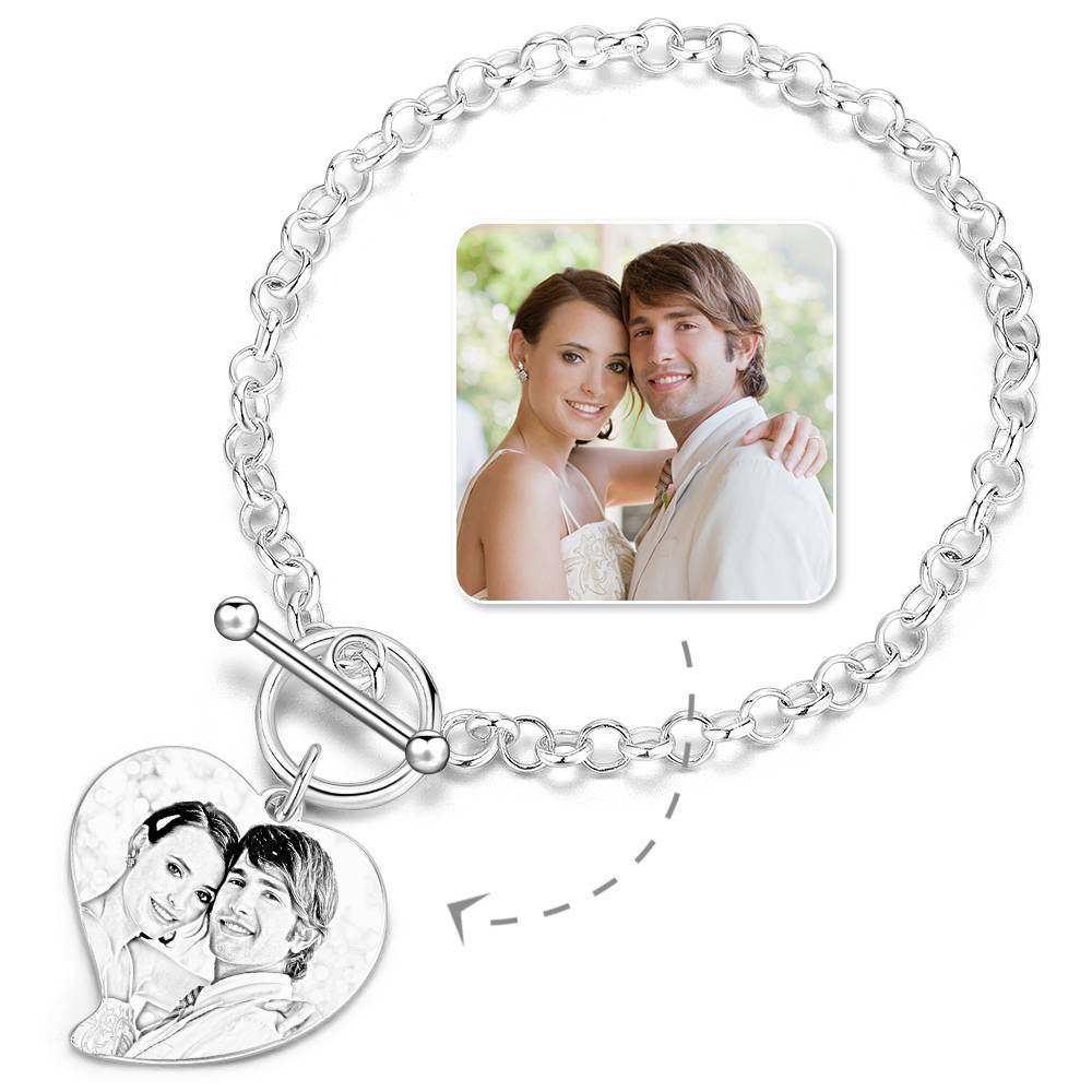 Bracelet Personnalisé Femme Bracelet Tag Photo Gravé Coeur Avec Gravure En Argent
