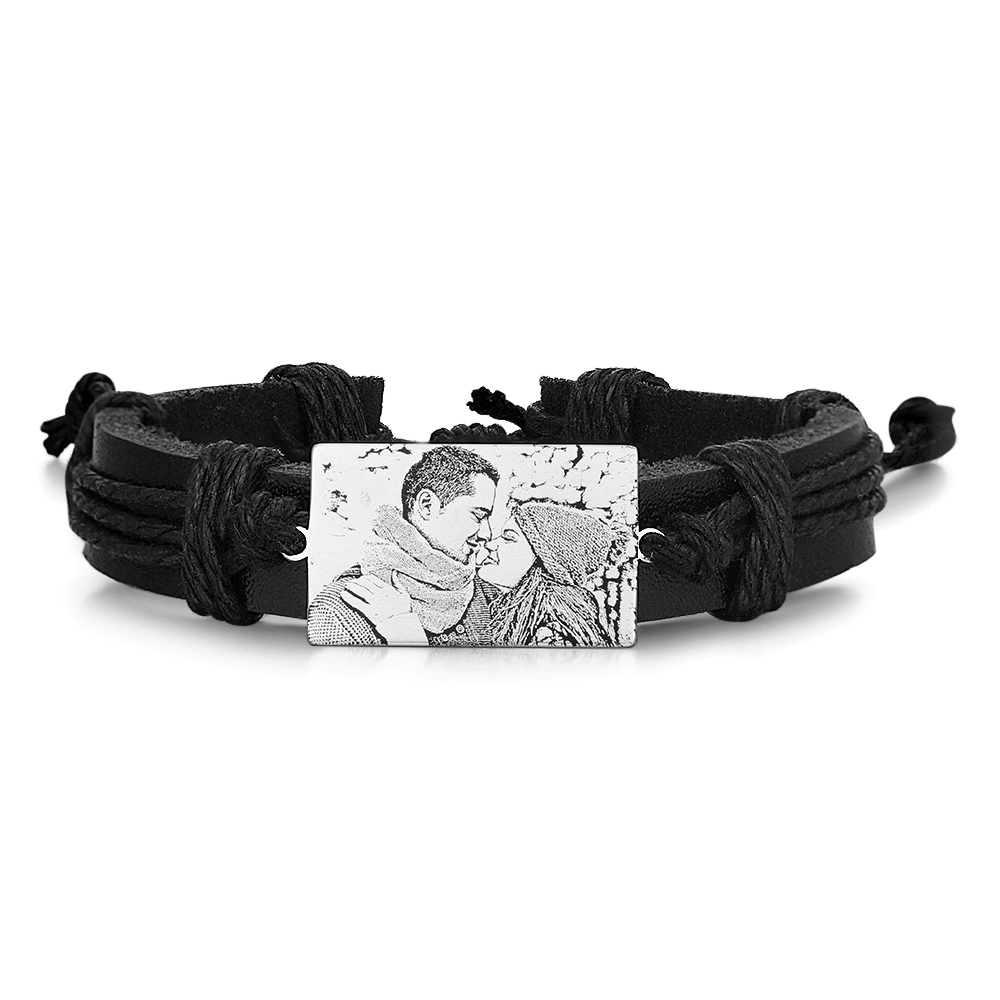 Bracelet Personnalisé Homme Bracelet Tag Photo Gravé Rectangle En Cuir Noir