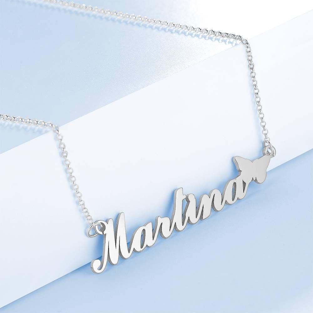 Collier Prenom Collier Prénom Avec Papillon Mignon, Cadeau Parfait Pour Petite Amie Argent