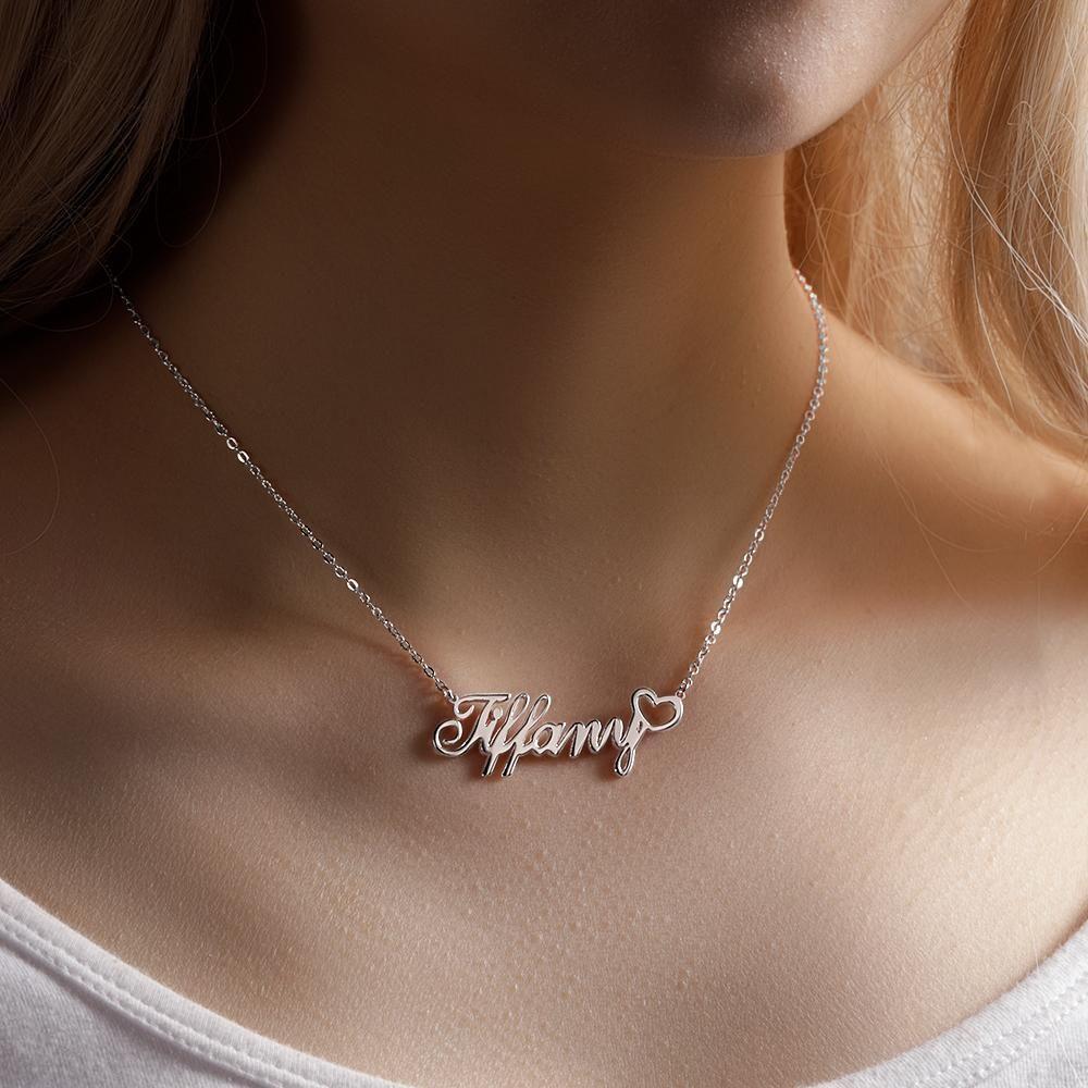 Collier Prenom Collier Prénom Personnalisé Avec Petit Coeur, Cadeaux Pour Elle Argent Plaqué Platine