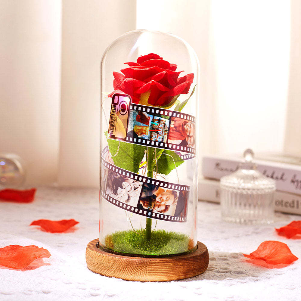 Album Fotografico Personalizzato Con Fiore Rosa In Vetro Con Lampada A Led Con Base In Pellicola Nera - Regalo Per Lei - soufeelitLampada Personalizzata