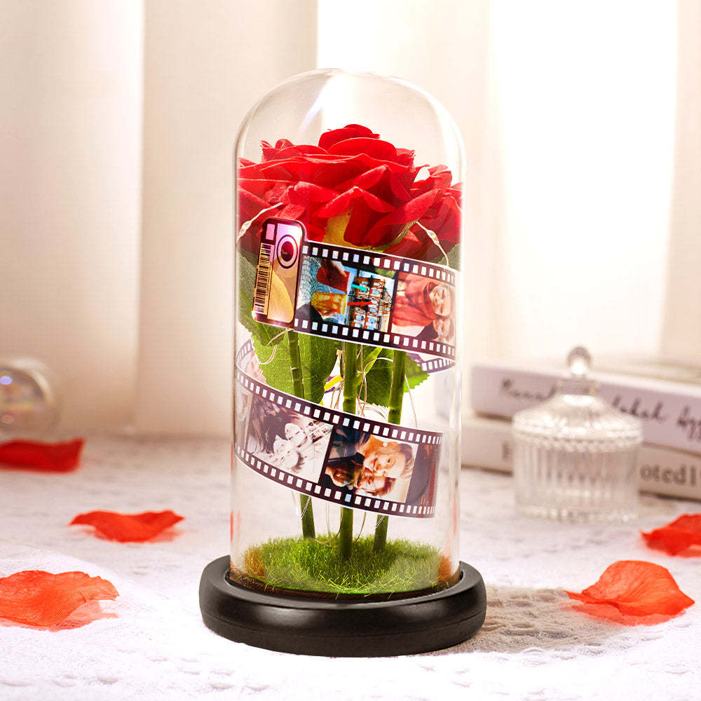 Album Fotografico Personalizzato Con Fiore Rosa In Vetro Con Lampada A Led Con Base In Pellicola Nera - Regalo Per Lei - soufeelitLampada Personalizzata