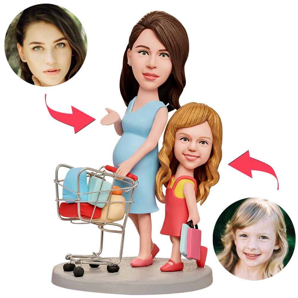 Mamma Incinta Che Prende La Figlia Shopping Bobblehead Personalizzato Con Testo Inciso - soufeelit