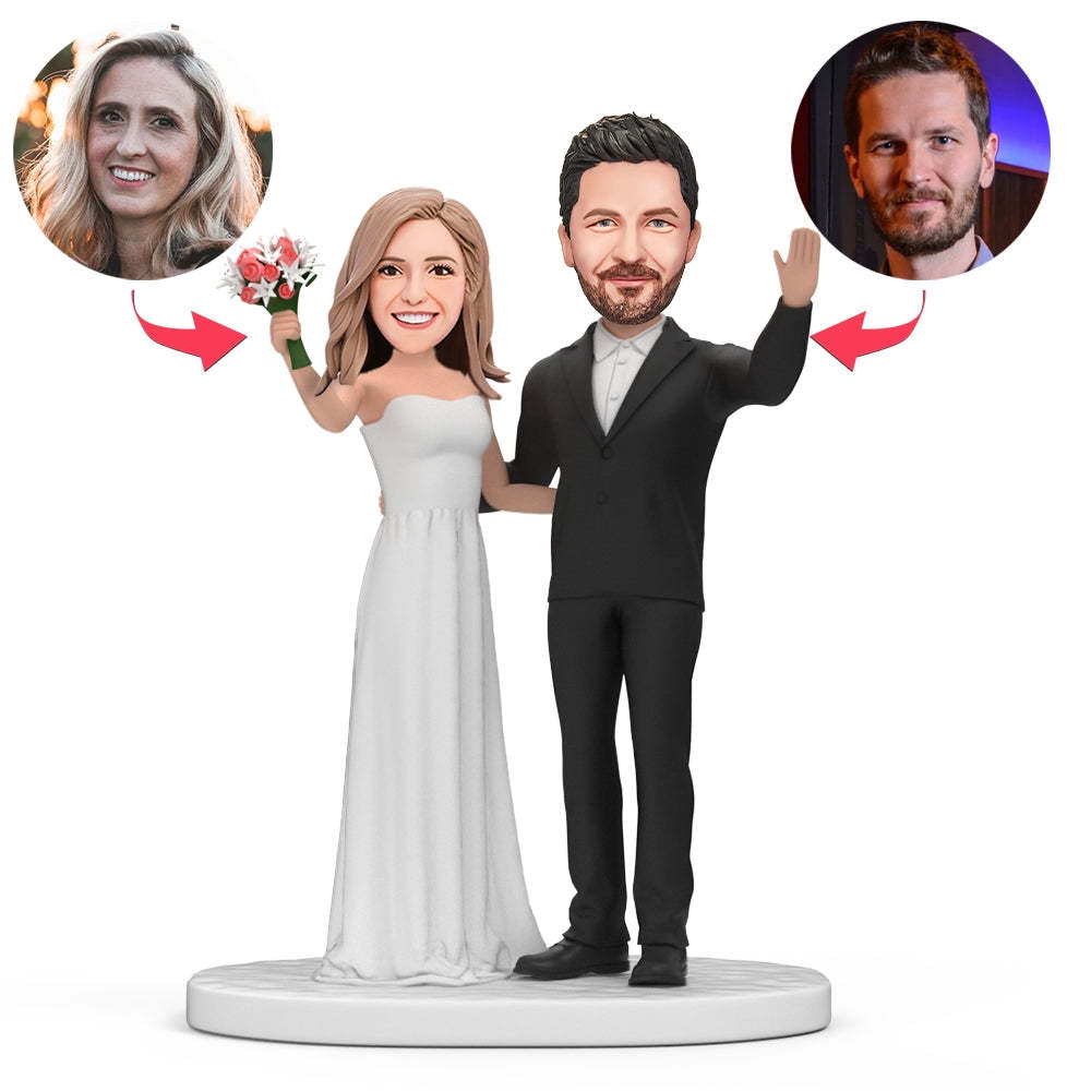 Sposo Sposa Agitando Le Mani Con Fiori Bobblehead Personalizzato Con Testo Inciso - soufeelit