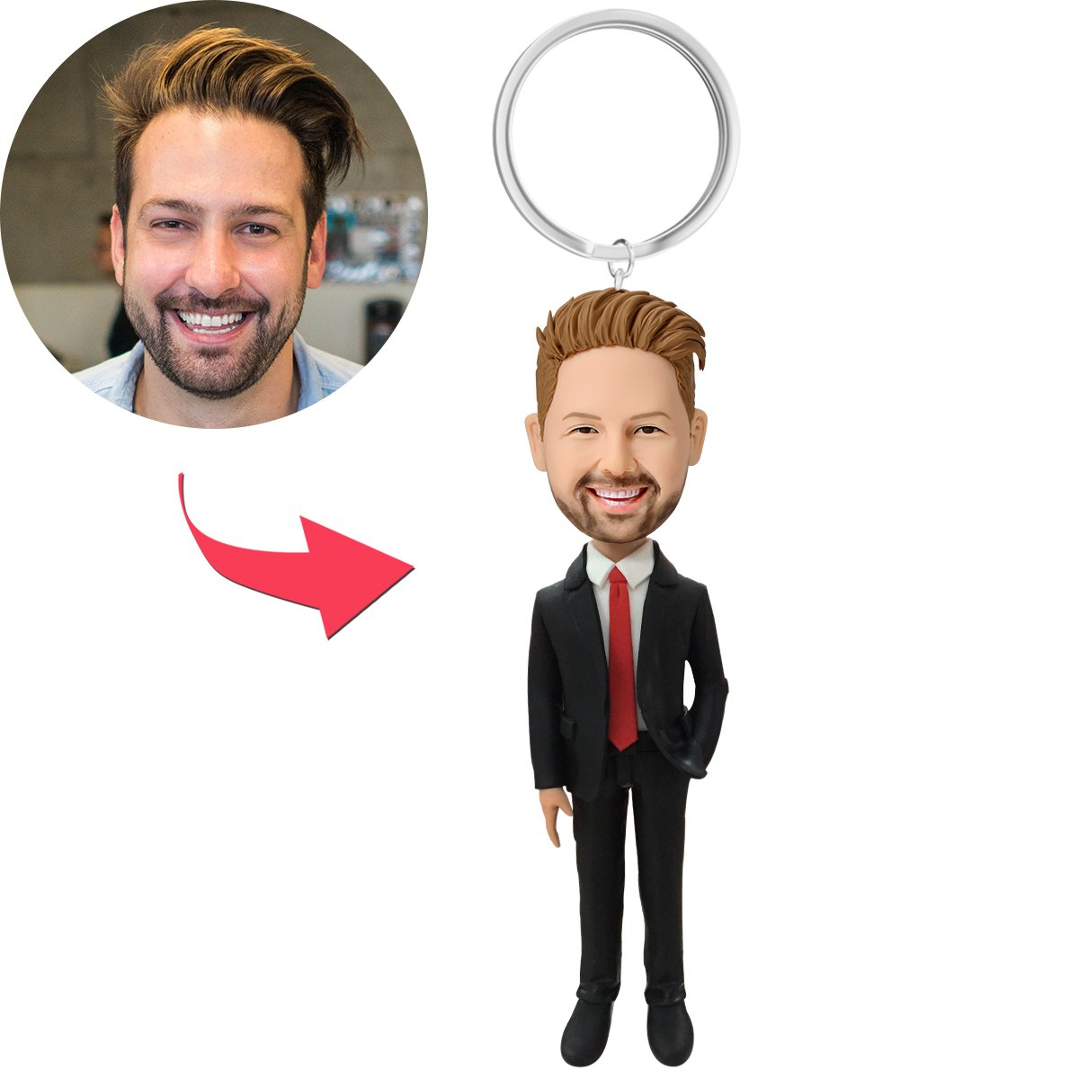Dirigente Maschile In Cravatta Rossa Personalizzata Bobblehead Con Portachiavi Con Testo Inciso
