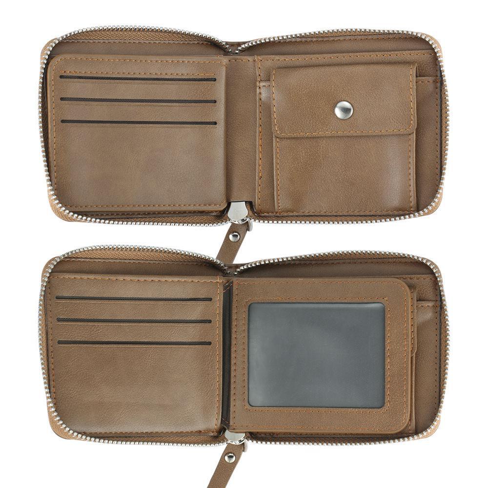 Portafoglio Inciso Con Scritta Personalizzata Con Zip, Stile Corto - Pelle Marrone