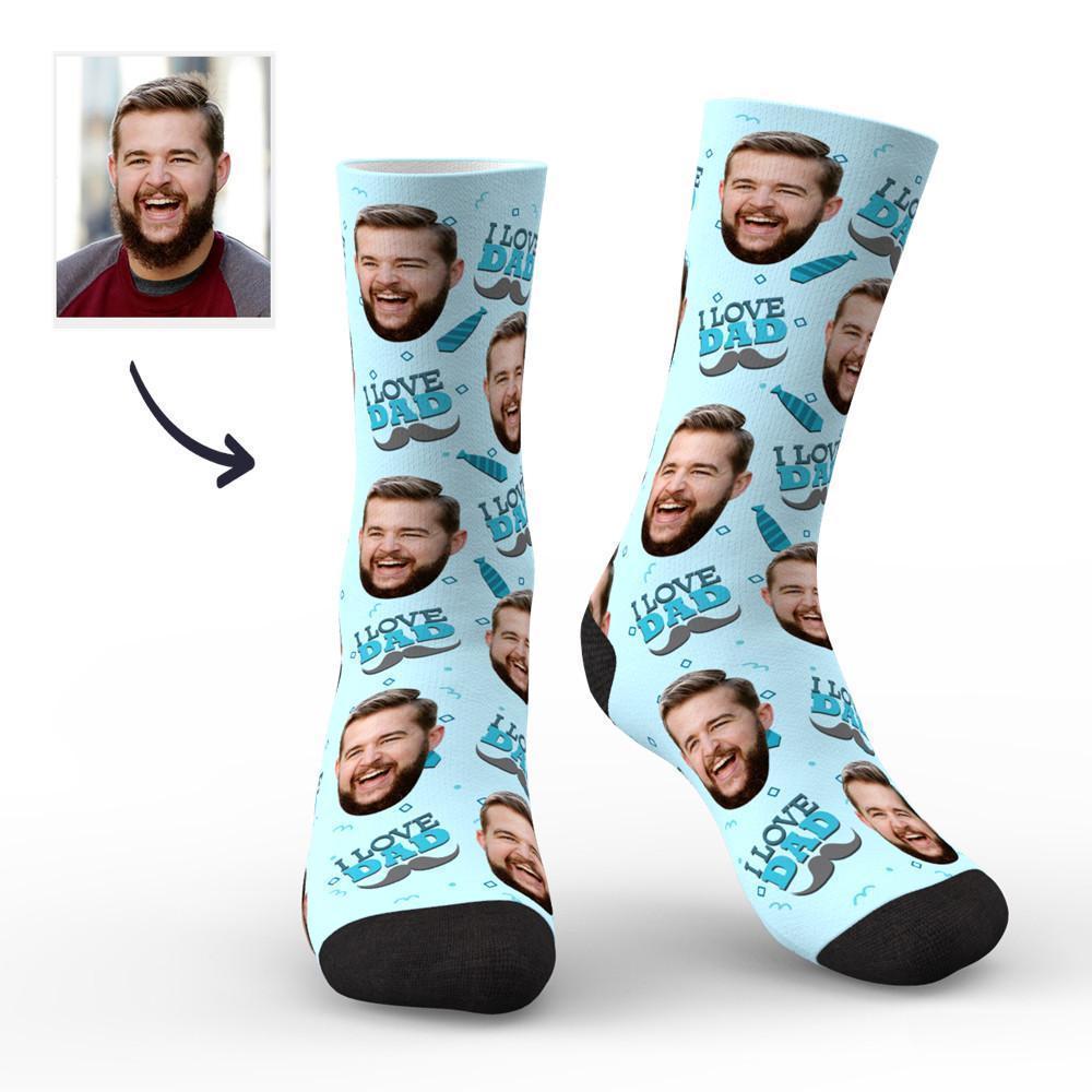 Calzini Personalizzati Con Foto, I Love Dad Face Blue Socks