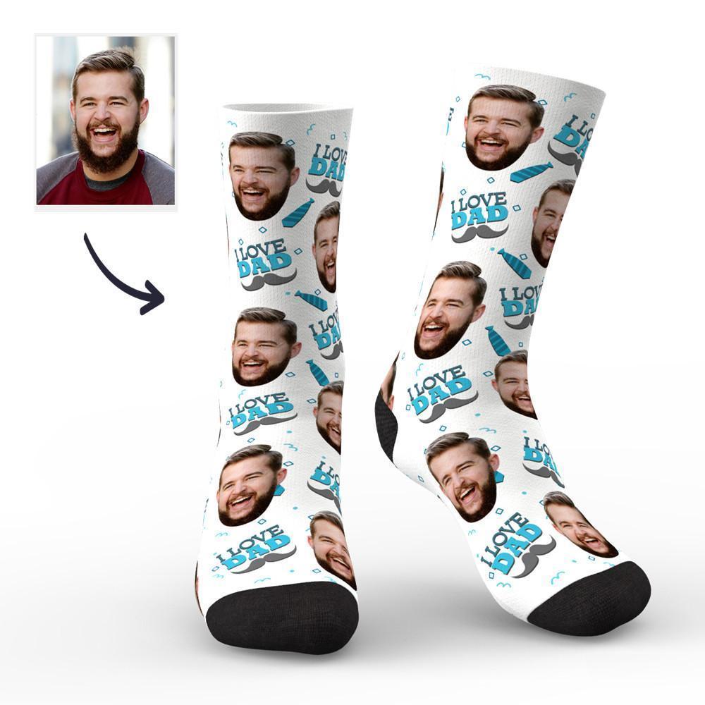 Calzini Personalizzati Con Foto, I Love Dad Face Blue Socks