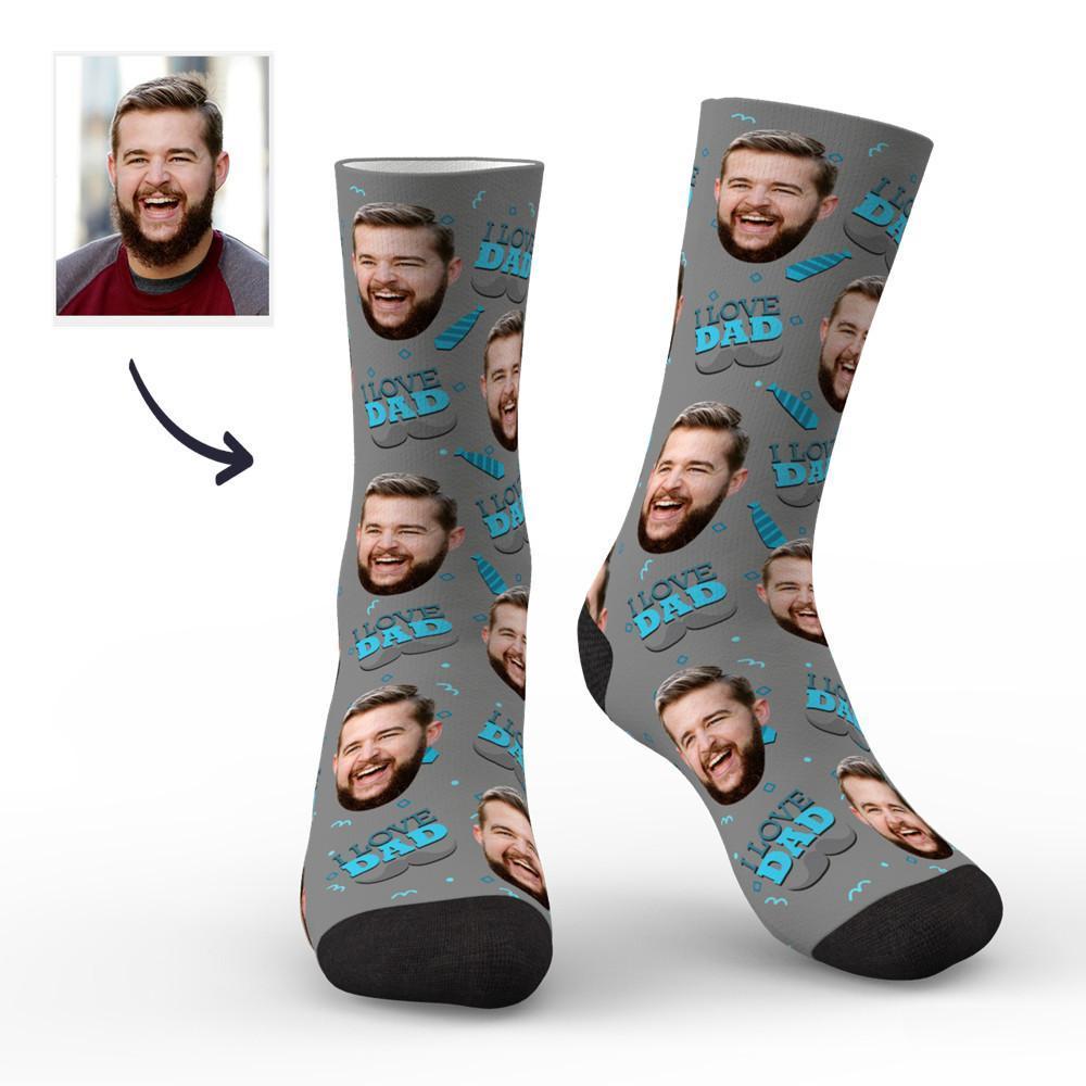 Calzini Personalizzati Con Foto, I Love Dad Face Blue Socks