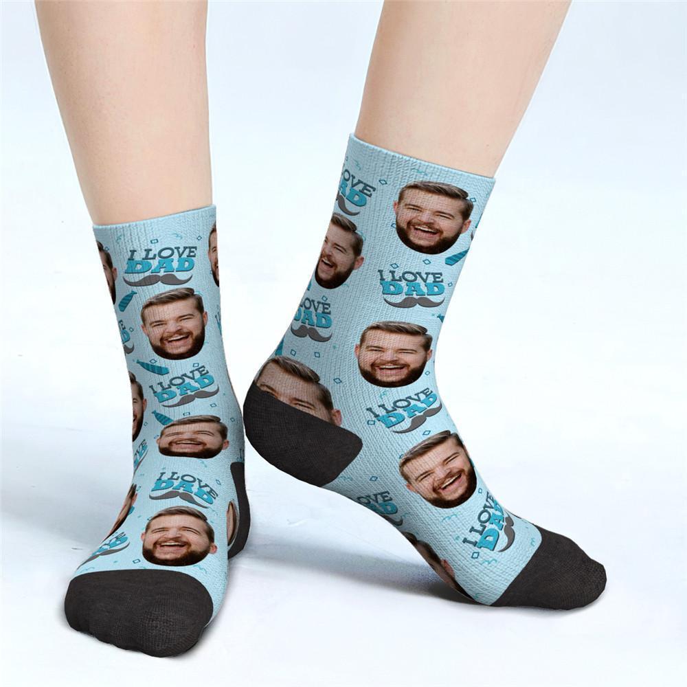 Calzini Personalizzati Con Foto, I Love Dad Face Blue Socks