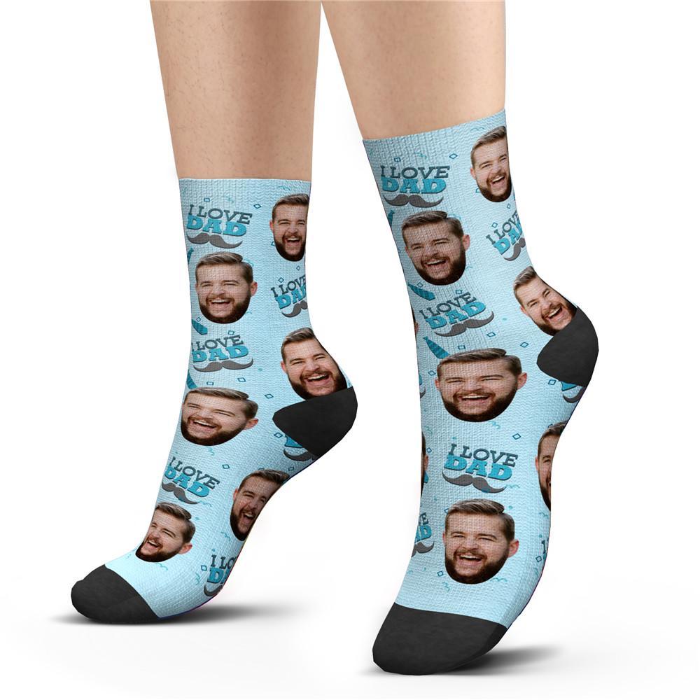 Calzini Personalizzati Con Foto, I Love Dad Face Blue Socks