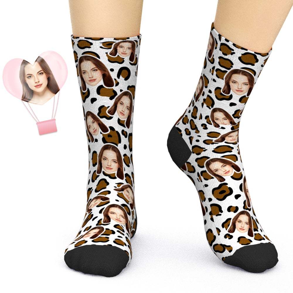 Custom Leopard Print Face Socks Funny Socks Birthday Gifts for Women - soufeelit