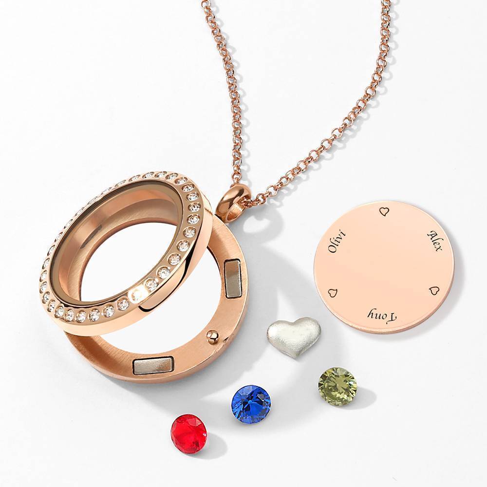 Collana Medaglione Galleggiante Personalizzato Birthstone Con Incisione In Oro Rosa Placcato