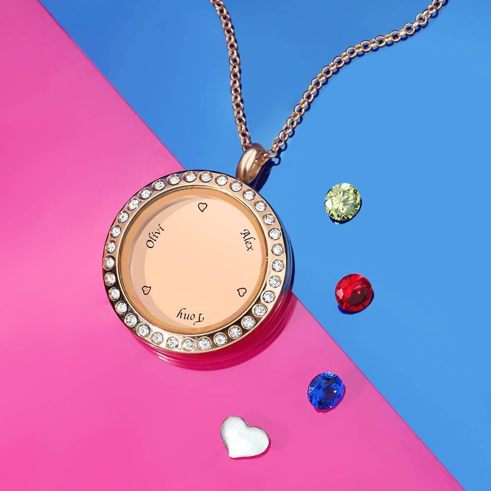 Collana Medaglione Galleggiante Personalizzato Birthstone Con Incisione In Oro Rosa Placcato